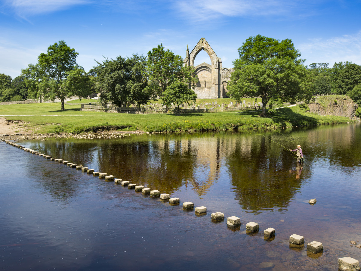 An angler fly fishing the River Wharfe beside the stepping stones below Bolton Priory.