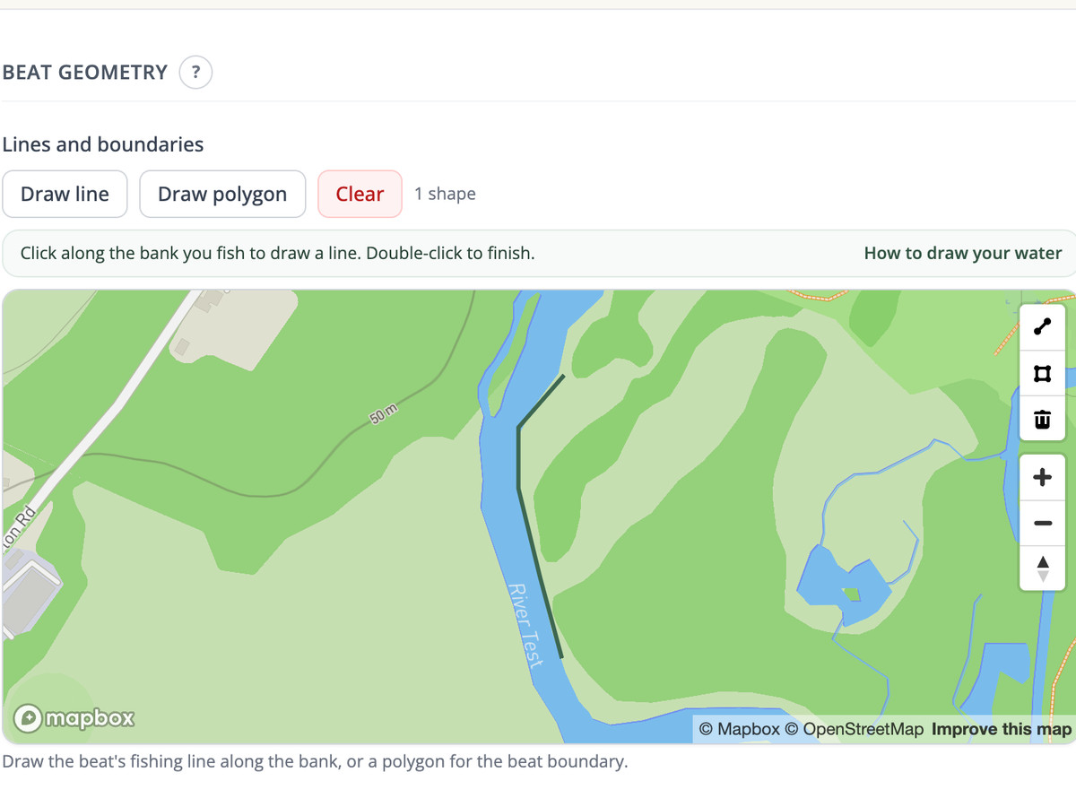 The beat geometry tool in the partner portal, with a line drawn along the bank of the River Test