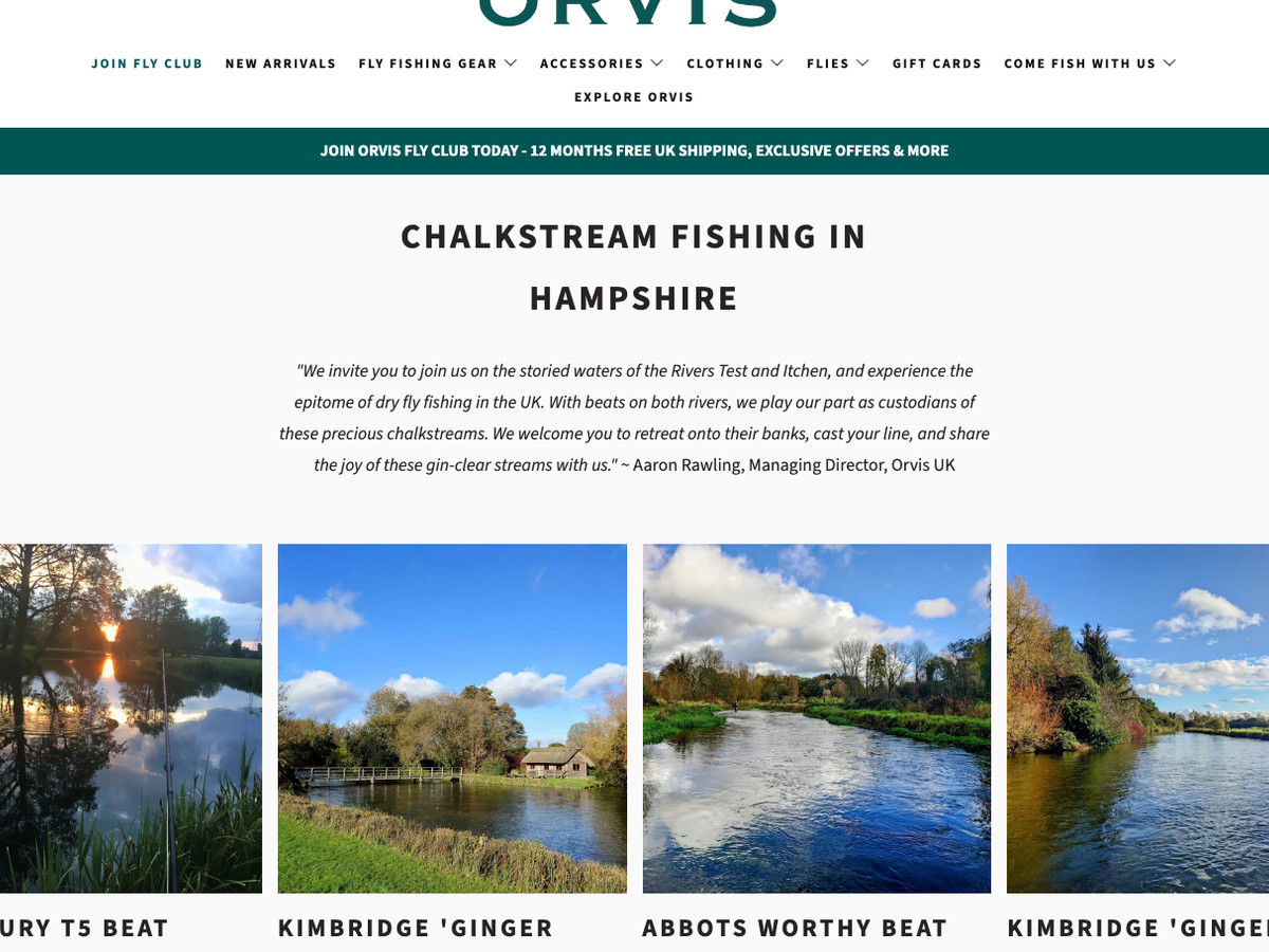 Screenshot of the Orvis chalkstream fishing website